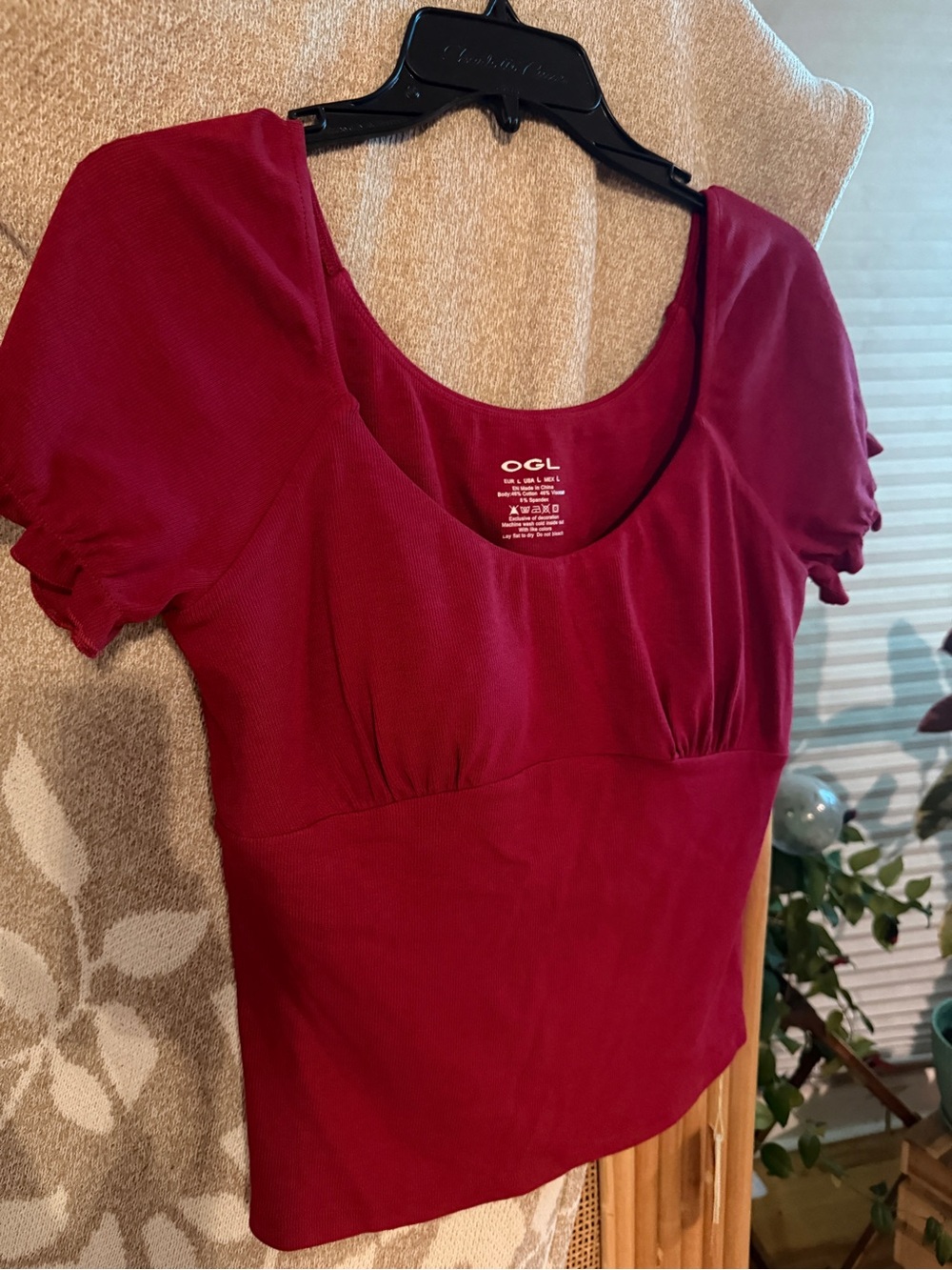 OGL Women's Deep Red Scoop Neck Short Sleeve Top